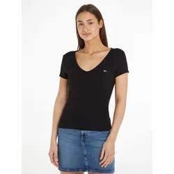 T-Shirt »TJW SLIM ESSENTIAL RIB V SS«, mit Logostickerei, Gr. XS (34), Black, , 33619537-XS