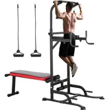 Dip Station Power Tower, Multifunktionale Kraftturm mit klappbarem Hantelbank, Klimmzugstange für Krafttrainingsgeräte für Heim-Fitnessstudio, inkl. Trainingsbänder, Ladekapazität bis zu 200KG