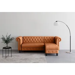 Ecksofa DOREL HOME "Felix, L-Form, 241 cm (Liegefl.108x195 cm), Recamiere tauschbar", braun (cognac), B:241cm H:83cm T:154cm, Sofas, verstellb. Rückenlehne, Bett-Funktion, Velours, Kunstleder, Vintage