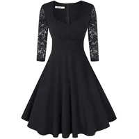 KOJOOIN Damen 50er Vintage Kleid Retro/Cocktailkleid/Abendkleid/Ballkleid Rockabilly V-Ausschnitt Kleid Knielang Langarm Schwarz XXL - XXL