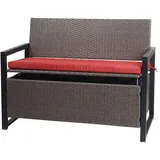 MCW Poly-Rattan 2er Sitzbank MCW-F39, Gartenbank Truhenbank, Staufach Aufbewahrung Sitzkissen ~ grau-meliert, Kissen rot