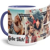 Tassendruck Fototasse mit Spruch - Ich Liebe Dich - zum Selbst gestalten personalisiert mit 4 Fotos, Innen & Henkel Blau, 300 ml