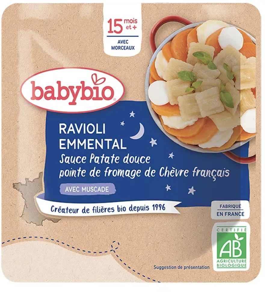 Babybio RAVIOLI EMMENTAL SAUCE PATATE DOUCE POINTE DE FROMAGE DE CHÈVRE FRANÇAIS dès 15 mois 190 g Aliment