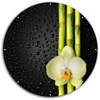 Wallario Sichtschutzzaunmatten Grüne Orchidee mit Bambus auf schwarz - Regentropfen, rund gelb 60 cm x 60 cm