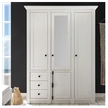 Lomadox 4-türiger Kleiderschrank Wingst-61 Mit Spiegel Im Landhaus Stil Dekor Pinie Weiß Nb. B/h/t Ca. 147x206x64cm