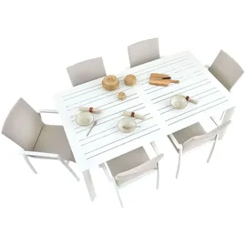 Idimex Gartenmöbel Set VERANO, weiß/beige - mit 6 Stühlen und ausziehbarem Gartentisch, Aluminium und wetterfeste Textilene, stapelbar, strapazierfähi... - Weiß