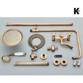 klarwerk NALA | Vintage Regendusche Set Messing unlackiert Edelstahl | Retro Design Duscharmatur Duschsystem | Mischbatterie Dusche komplett mit Handbrause