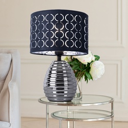 Tischlampe silber Schirm grau Nachttischlampen Schlafzimmer Schirmlampe Tisch grau, aus Keramik in chrom mit Samtschirm, 1x E27, DxH 25x38 cm