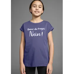 T-Shirt KIDSWORLD "Bevor Du fragst: NEIN", Mädchen, Gr. 152/158, blau, Jersey, Obermaterial: 100% Baumwolle, modisch, weit hüftbedeckend, Rundhals, Kurzarm Aufschlag, Shirts, Kurzarm, mit Print, Rundhalsausschnitt