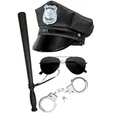 Dreamzfit Erwachsene Unisex Polizist Kostüm Zubehör | NYPD Polizistin COP Uniform Damen Herren Verkleidung Kit mit Polizeikappe + Sonnenbrille + Handschellen + PolizeiStick, Schwarz, Black, - Einheitsgröße