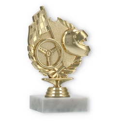 Pokal Kunststofffigur Rennsport gold auf weißem Marmorsockel 14,5cm