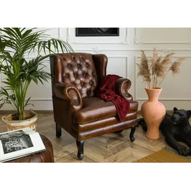 Massivmoebel24 Ohrensessel Chesterfield Leder 88 x 108 x 80 cm Braun