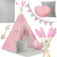 nukido - Spielzelt für Kinder - Teepee - Spielhaus - mit Holzrahmen, Halterung und Baumwollbezug - Großes Set - mit Kissen, weicher Spielmatte, Fensterrollo, Girlande - Faltbar - Rosa, Grau