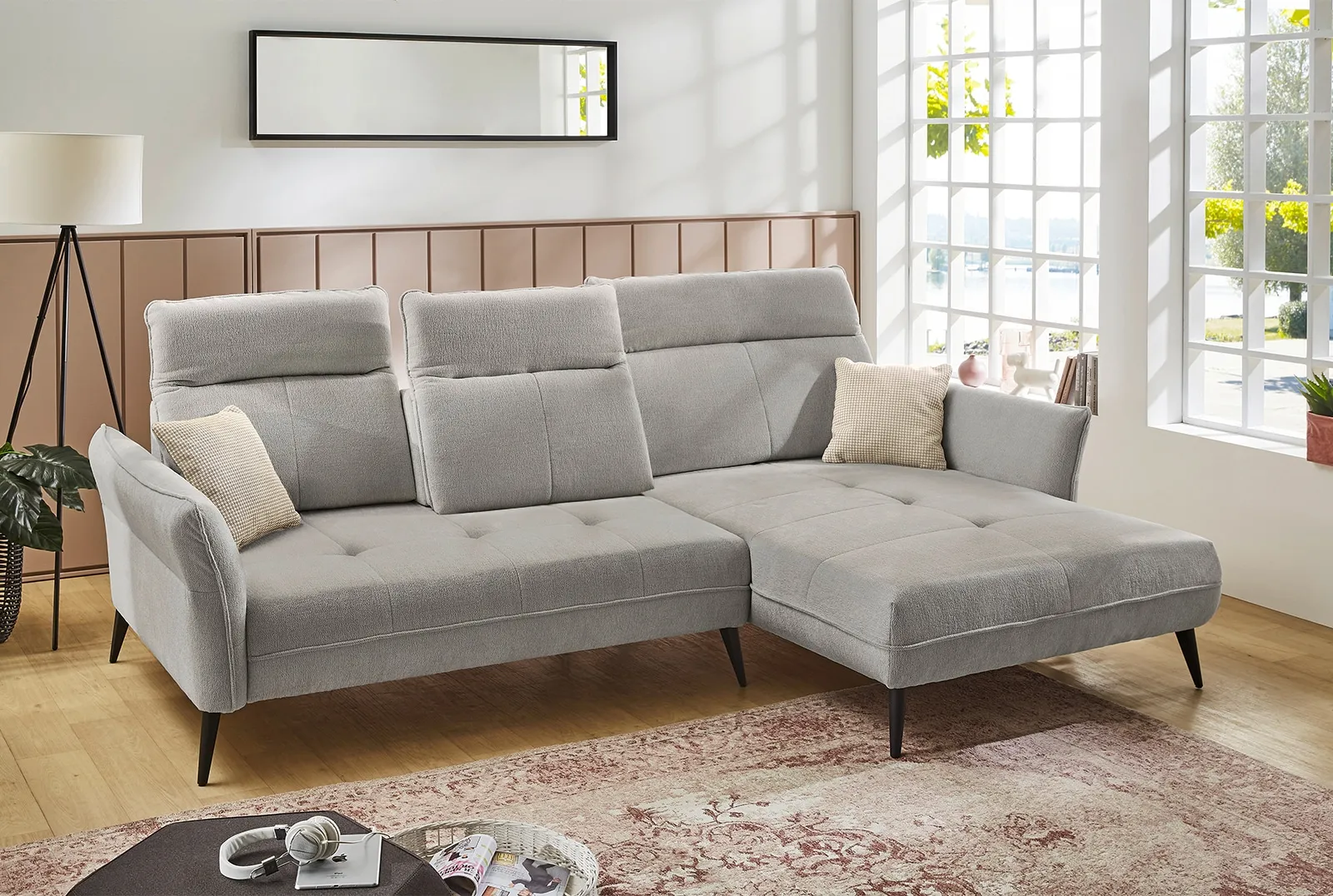 Ecksofa JOCKENHÖFER GRUPPE "Aversa L-Form" Sofas Gr. B/T: 285cm x 117cm, Chenille, Ottomane beidseitig montierbar, grau Sitztiefen-und Kopfteilverstellung, Ottomane linksrechts montierbar