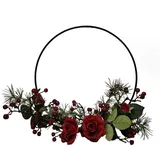 2474U Dekoring ROTE Rose naturgetreue Blüten Kunstblume im Metallring ca. 33 cm Ø mit Organzaband zum Aufhängen