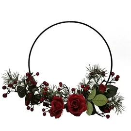 2474U Dekoring ROTE Rose naturgetreue Blüten Kunstblume im Metallring ca. 33 cm Ø mit Organzaband zum Aufhängen