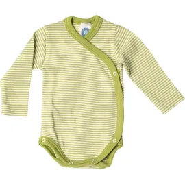cosilana Langarm Baby-Wickelbody aus Wolle und 30% Seide Geringelt Grün 50/56