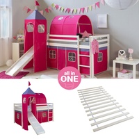 Hochbett Kinder 90x200 cm Lattenrost Kinderbett Rutsche Tunnel Pink Homestyle4u
