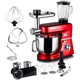Koliber ROBOMAX X 3500W Küchenmaschine Multifunktion 8L Fleischwolf Mixer Gemüsereibe Knetmaschine Planetenmischer 6 Stufen Pulse Vollmetall Mechanik FASTLOCK Küchenmixer Rot