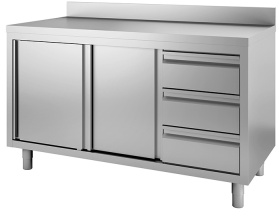 Gastro-Inox Edelstahl Arbeitsschrank mit Drehtüren, Tiefe 700 mm, Hoher Edelstahlschrank mit in die Höhe verstellbaren runden Beinen, Maße: (L x T x H) 2000 x 700 x 880 mm, 3 Schubladen + Aufkantung