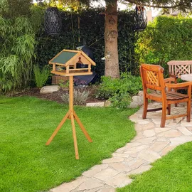 Relaxdays Vogelfutterhaus mit Ständer, groß, wetterfestes Dach, Garten, Holz Vogelhaus HBT 120 x 62 x 55 cm, Natur/grün