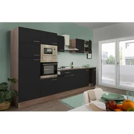 Respekta Küchenzeile Oliver Doppelblock 330 cm schwarz seidenglänzend/eiche york nachbildung