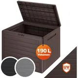 CASARIA Gartenbox 190L UV-beständig Griffmulden Verschlussvorrichtung Balkon Terrasse Wohnzimmer Wintergarten Box Kissenbox 78x44cm Holz-Optik Braun