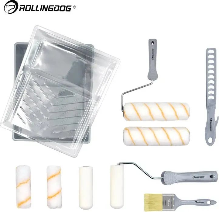 ROLLINGDOG 14-teiliges Malwerkzeug-Set, komplettes professionelles Farbset für Wände und Decken, Innen- und Außenanwendungen, DIY Renovierung, Heimwerken und Baustellen, mit Farbroller, Pinseln, Farbschale und Zubehör
