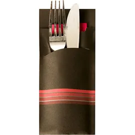 Papstar Bestecktaschen 20 cm x 8,5 cm schwarz/bordeaux "Stripes" inkl. farbiger Serviette 33 x 33 cm 2-lag. mit passender