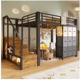 Merax Hochbett Kinderbett Jugendbett mit Sicherheitsgeländer (1-St) Metallbett 90x200cm mit Stauraumtreppe, Schubladen, Kleiderstange schwarz 145 cm x 251.5 cm x 140 cm