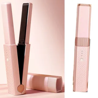 Mini Glätteisen Kabellos, Reise Kabelloser Haarglätter 2 in 1 schnelles Erhitzen verhindert Schäden Haarglätter Lockenwickler für Schnelles Glattes und Glänzendes Haar(Rosa)