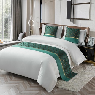 Morbuy Bettläufer mit Kissen, Bettschal für den Fuß des Bettes Luxus Weicher Bettlaufer Schlafzimmer für Gästehaus Hotel Schlafzimme Dekorativer (Dunkelgrün-Gold,50x180+50x50cm)