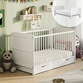 Kids Collective Babybett 60x120 umbaubar mit Schublade, Gitterbett, Kinderbett, höhenverstellbar & herausnehmbare Sprossen | weitere Größen: 70x140cm | 60x120cm... - Weiß