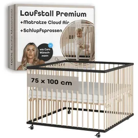 Sämann Laufgitter mit Matratze Cloud Air & Schlupfsprossen schwarz/natur Premium | Gr.: 75x100 cm