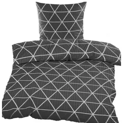 KH-Haushaltshandel Seersucker Bettwäsche 135x200 +80x80cm, grau weiß, mit Dreiecken, bügelfrei
