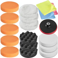 tectake® 18-teiliges Polierschwamm-Set, 3 Polierfelle, 3 Mikrofasertücher, Befestigung mit Klettverschluss