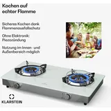 Klarstein Barzona Gaskochfeld, 2-Brenner Edelstahl & Glas, 7,7kW, Tragbarer Campingkocher mit Piezo-Zündung | Flammenausfallsicherung, Kompaktes und Tragbares Design, Weiß