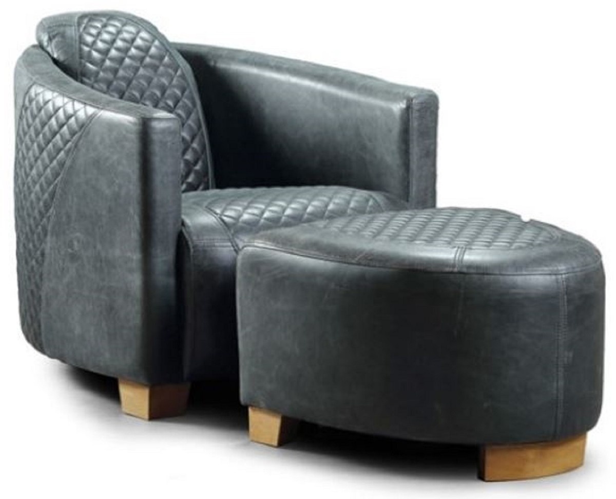 Casa Padrino Luxus Leder Sessel mit Fußhocker Vintage Blau / Hellbraun - Echtleder Wohnzimmer Sessel mit Echtleder Hocker - Wohnzimmer Möbel - Echtleder Möbel