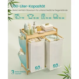 Songmics Wäschekorb 2 Fächer, Bambus, Wäschesammler 100 L, mit Ablage - Weiß