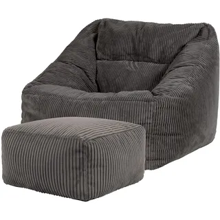 Icon Natalia Sitzsack Sessel mit Hocker für Erwachsene, Dunkelgrau, Flauschiger Cord Stoff, Riesen Sitzsack Cord mit Füllung, Bean Bag Chair, Bequemer Sessel Wohnzimmer, Lounge, Schlafzimmer, Büro