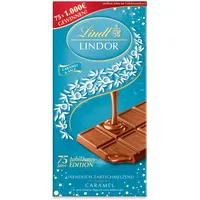 Lindt Schokolade LINDOR Caramel & Salz | 100g Tafel | Vollmilch-Schokolade mit einem Hauch Fleur de Sel und unendlich zartschmelzender Karamell-Füllung | Schokoladentafel | 75 Jahre