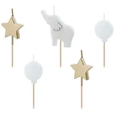 Partydeco Geburtstagskerzen Elefant Sterne 3-5cm Tortenkerzen Set Kindergeburtstag Babyparty Taufe Kuchenkerzen Kerzenset Tortendeko Kuchendeko Deko Weiß Gold