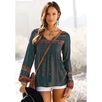 Buffalo Schlupfbluse mit Ethnodruck und Zierperlen, Boho-Style, Langarmbluse braun