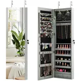 COSTWAY Schmuckschrank mit LED & Spiegel abschließbar, Wandspiegel hängend grau