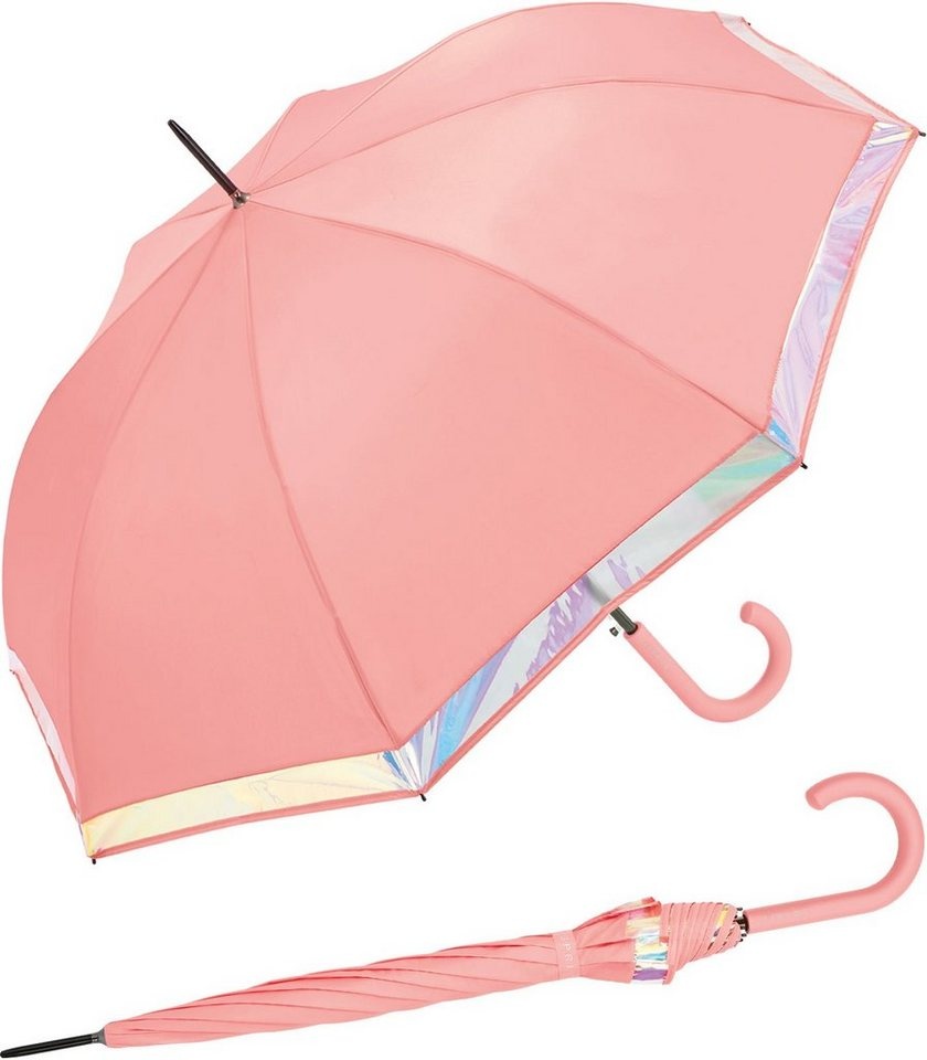 Esprit Langregenschirm Damen Regenschirm mit Automatik Shiny Border, groß und stabil, mit schimmernder Borte orange