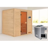 Woodfeeling Sauna Adelina - 38 mm Bronzierte Ganzglastür Ohne Dachkranz 9 kW Ofen inkl. Steuergerät inkl. 8-teiligem gratis Zubehörpaket (Gesamtwert 191,92€)