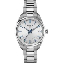 Tissot T-Classic PR100 Jungfraubahn Edition 34mm T150.210.11.031.01 - Zifferblatt mit dezentem Relief des Jungfraujochs, der höchsten Eisenbahnstation Europas, auf den die Jungfraubahn fährt. Applizierte, hellblaue Indexen, Zeiger und Indexe mit SuperLuminova, ,silber - 34mm