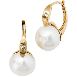 Perlenohrringe JOBO, gelb (gelbgold 585), Ohrringe, Damen, SI = kleine Einschlüsse, Gelbgold 585-Diamanten-Perlen, Gelbgold 585, Diamanten, Perlen, 585 Gold mit 2 Diamanten und Süßwasser-Zuchtperlen