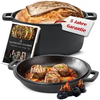 Ottia Gusseisen Topf, Deckel als Pfanne, Brot backen, Eintopf, Schmortopf, für Induktion, Gas, Camping, Feuer, BBQ, Grill, mit Rezeptbuch, Händler aus Hamburg