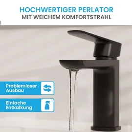 Bächlein Badarmatur Mizarela in klassischem Design, Einhebelmischer mit langlebiger Keramikkartusche und Montage-Set, Bad Wasserhahn Matt Schwarz - flacher Auslauf